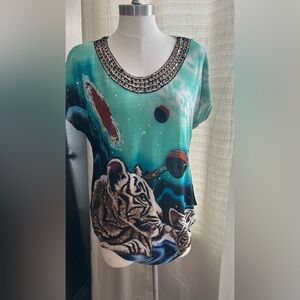 Women's PARISPINK Size L Tiger Galaxy Sequined Scoop Neck Short Sleeve Top